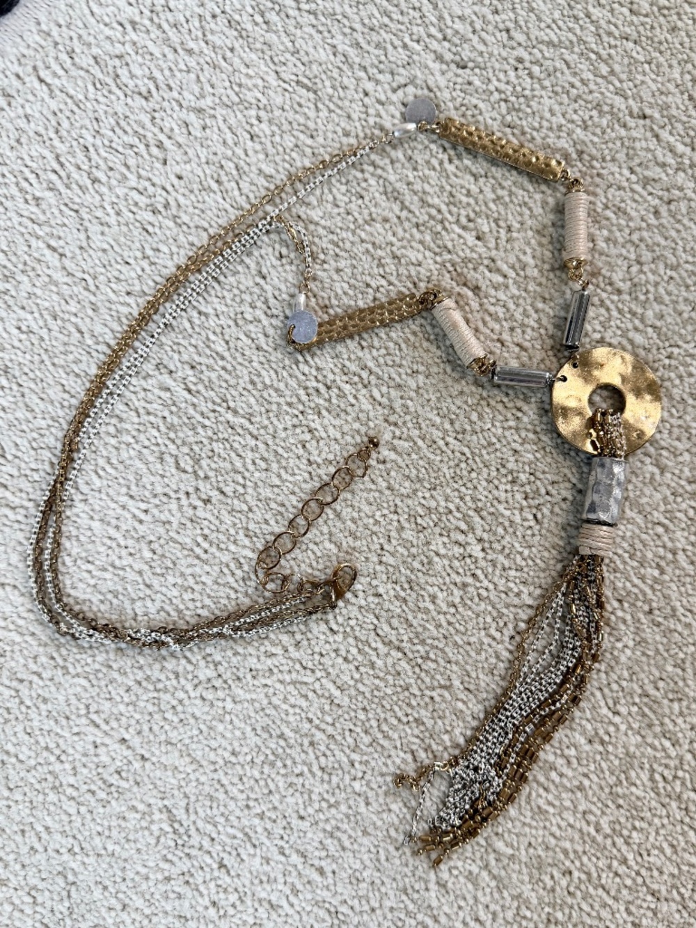 Ladies statement necklace—long gold, white and silver